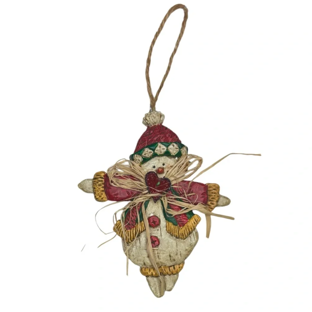 Whimsical Christmas Ornaments Hand Crafted Vintage Snowman Angel 2 Pc Set Red